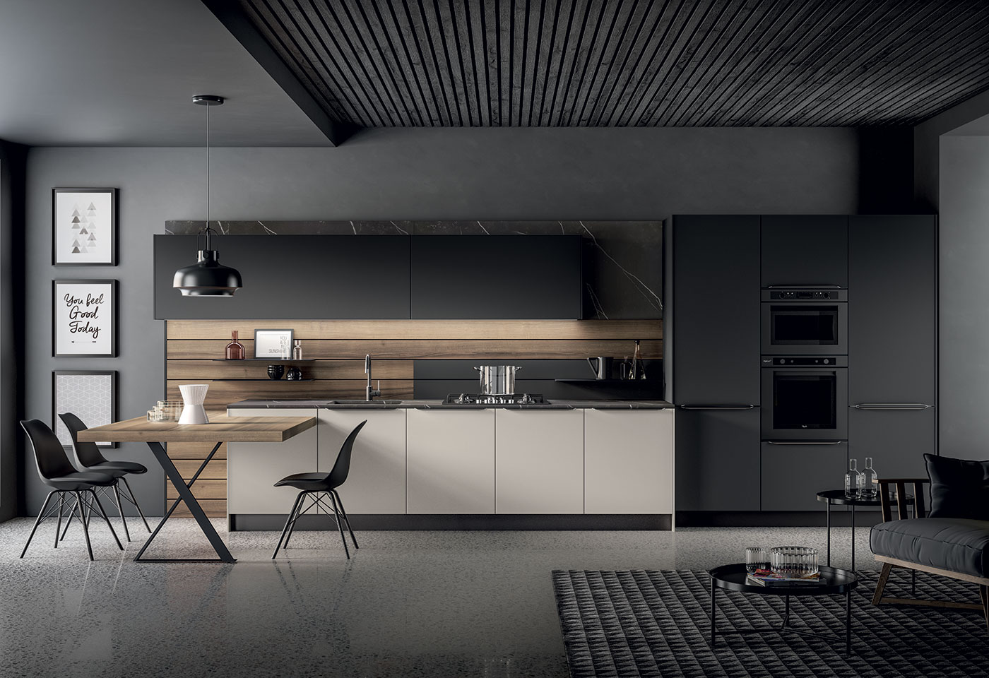 Cucina moderna con penisola legno e grigio cemento - Visma Arredo